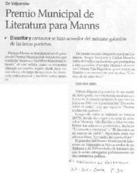 Premio Municipal de Literatura para Manns