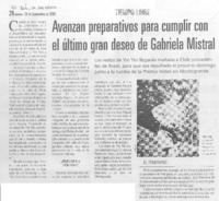 Avanzan preparativos para cumplir con el último gran deseo de Gabriela Mistral.