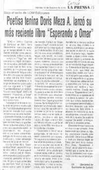 Poetisa tenina Doris Meza A., lanzó su más reciente libro "Esperando a Omar".