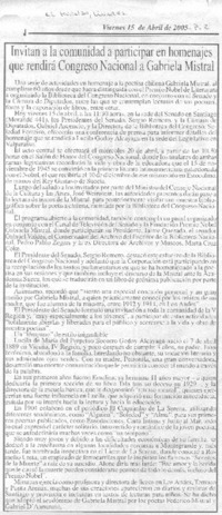 Invitana la comunidad a participar en homenajes que rendirá Congreso Nacional a Gabriela Mistral.