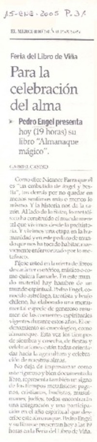 Feria del Libro de Viña : para la celebración del alma Pedro Engel presenta hoy (19 horas) su libro "almanaque mágico"