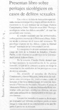 Presentan libro sobre peritajes sicológicos en casos de delitos sexuales.