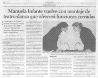 Manuela Infante vuelve con montaje de teatro-danza que ofrecerá funciones cerradas.