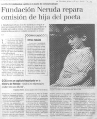 Fundación Neruda repara omisión de hija del poeta.