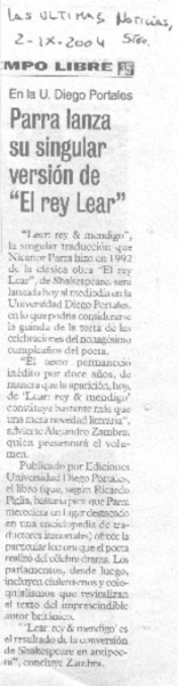 Parra lanza su singular versión de "El rey Lear".