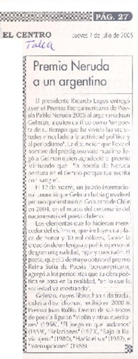 Premio Neruda a un argentino