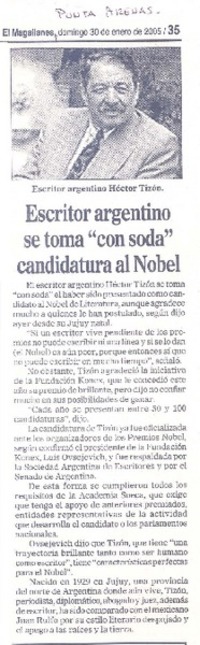 Escritor argentino se toma "con soda" candidatura al Nobel