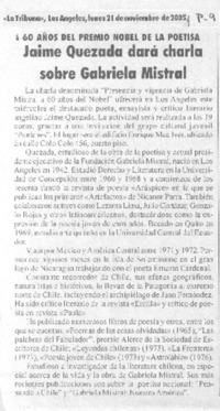 Jaime Quezada dará charla sobre Gabriela Mistral