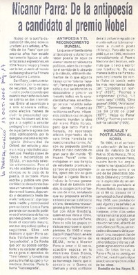 Nicanor Parra : de la antipoesía a candidato al premio Nobel