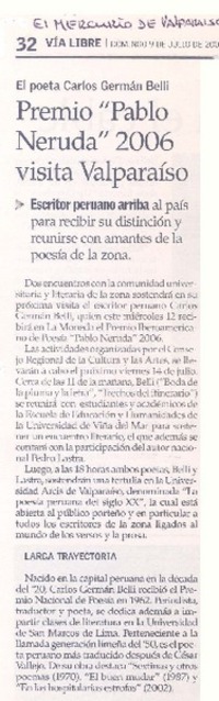 El Poeta Carlos Germán Belli : Premio" Pablo Neruda" 2006 visita Valparaiso