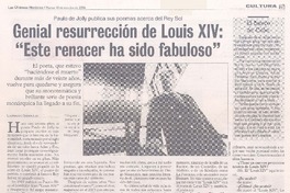Paulo de Jolly publica sus poemas acerca del Rey Sol : genial resurrección de Louis XIV : "Este renacer ha sido fabuloso"