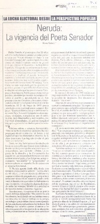 La lucha electoral desde la perspectiva popular : Neruda : la vigencia del poeta senador