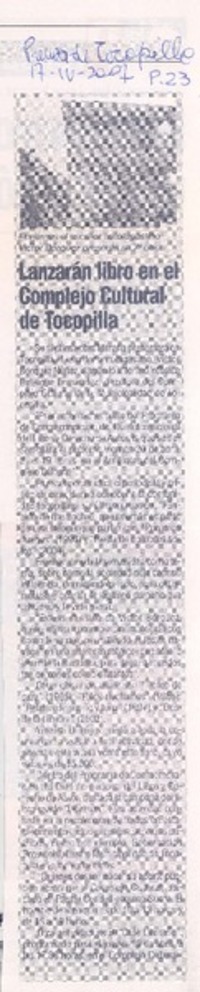 Lanzarán libro en el Comlejo Cultural de Tocopilla