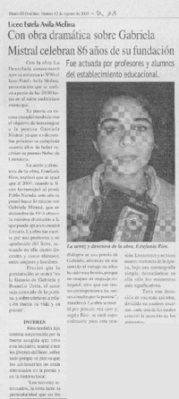 Con obra dramática sobre Gabriela Mistral celebran 86 años de su fundación