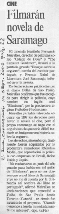 Filmarán novela de Saramago