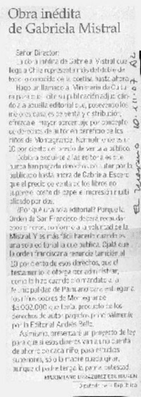 Obra inédita de Gabriela Mistral