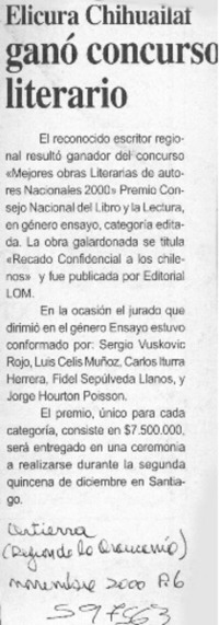 Elicura Chihuailaf ganó concurso literario  [artículo]