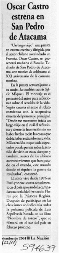 Oscar Castro estrena en San Pedro de Atacama  [artículo]