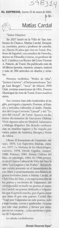 Matías Cardal  [artículo] Hernán Navarrete Rojas