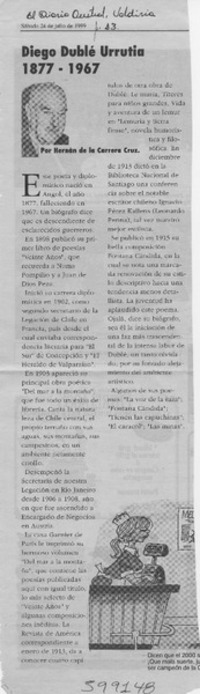 Diego Dublé Urrutia 1877-1967  [artículo] Hernán de la Carrera Cruz