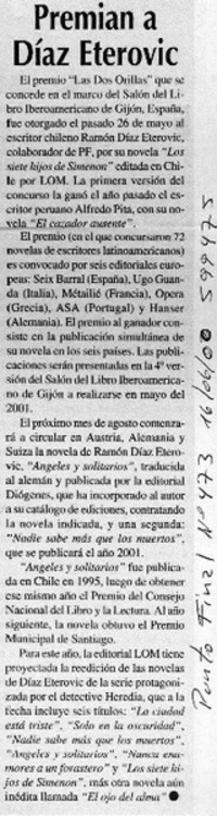 Premian a Díaz Eterovic  [artículo]