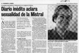 Diario inédito aclara sexualidad de la Mistral  [artículo]