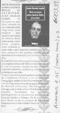 Siete ensayos sobre Andrés Bello, el escritor, Juan Durán Luzio  [artículo]