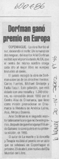 Dorfman ganó premio en Europa  [artículo]