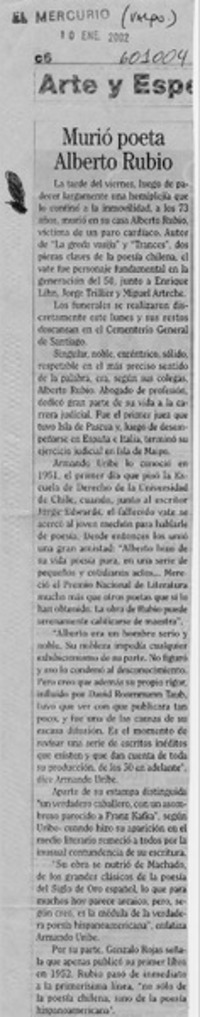 Murió poeta Alberto Rubio  [artículo]