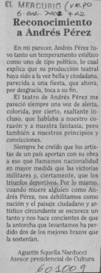 Reconocimiento a Andrés Pérez  [artículo] Agustín Squella Narducci