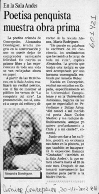 Poetisa penquista muestra obra prima  [artículo]