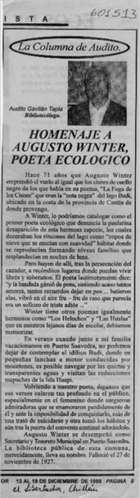 Homenaje a Augusto Winter, poeta ecológico  [artículo] Audito Gavilán Tapia