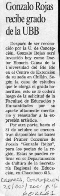 Gonzalo Rojas recibe grado de la UBB  [artículo]