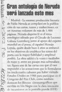 Gran antología de Neruda será lanzada este mes  [artículo]