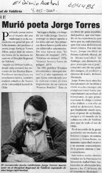 Murió poeta Jorge Torres  [artículo]