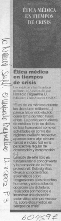 Ética médica en tiempos de crisis  [artículo]