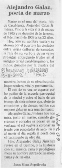 Alejandro Galaz, poeta de marzo  [artículo] Juan Meza Sepúlveda