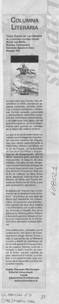 Claudio Gay y la formación de la identidad cultural chilena  [artículo] Andrés Chamorro Montenegro