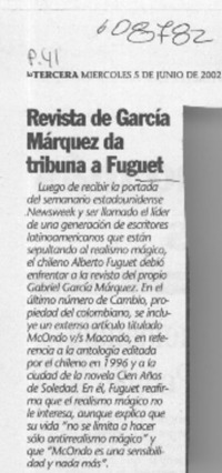 Revista de García Márquez da tribuna a Fuguet  [artículo]