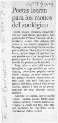 Poetas leerán para los monos del zoológico  [artículo]