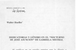 Dedicatorias y género en el "nocturno de José Asunción" de Gabriela Mistral  [artículo] Walter Hoefler