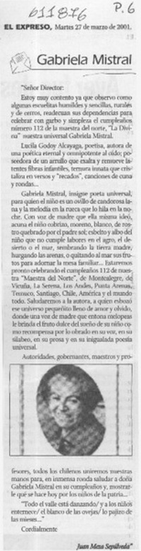 Gabriela Mistral  [artículo] Juan Meza Sepúlveda