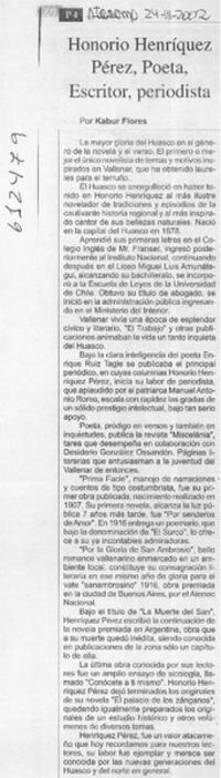 Honorio Henríquez Pérez, poeta, escritor, periodista  [artículo] Kabur Flores