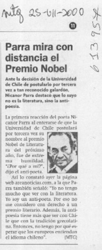 Parra mira con distancia el Premio Nobel  [artículo]