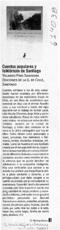 Cuentos populares y folklóricos de Santiago  [artículo] M. F.