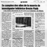 Se cumplen dos años de la muerte de investigador folklórico Oreste Plath  [artículo]