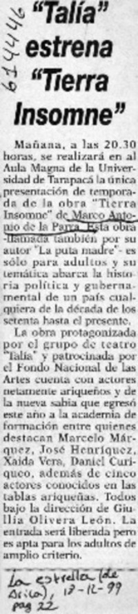 "Talía" estrena "Tierra insomne"  [artículo]