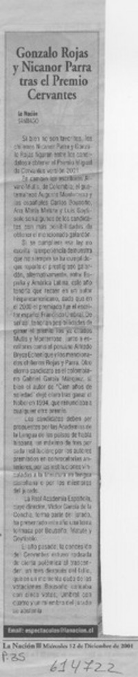 Gonzalo Rojas y Nicanor Parra tras el Premio Cervantes  [artículo]