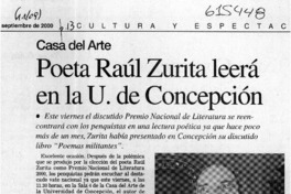 Poeta Raúl Zurita leerá en la U. de Concepción  [artículo]