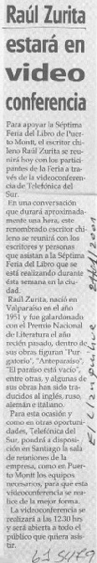 Raúl Zurita estará en video conferencia  [artículo]
